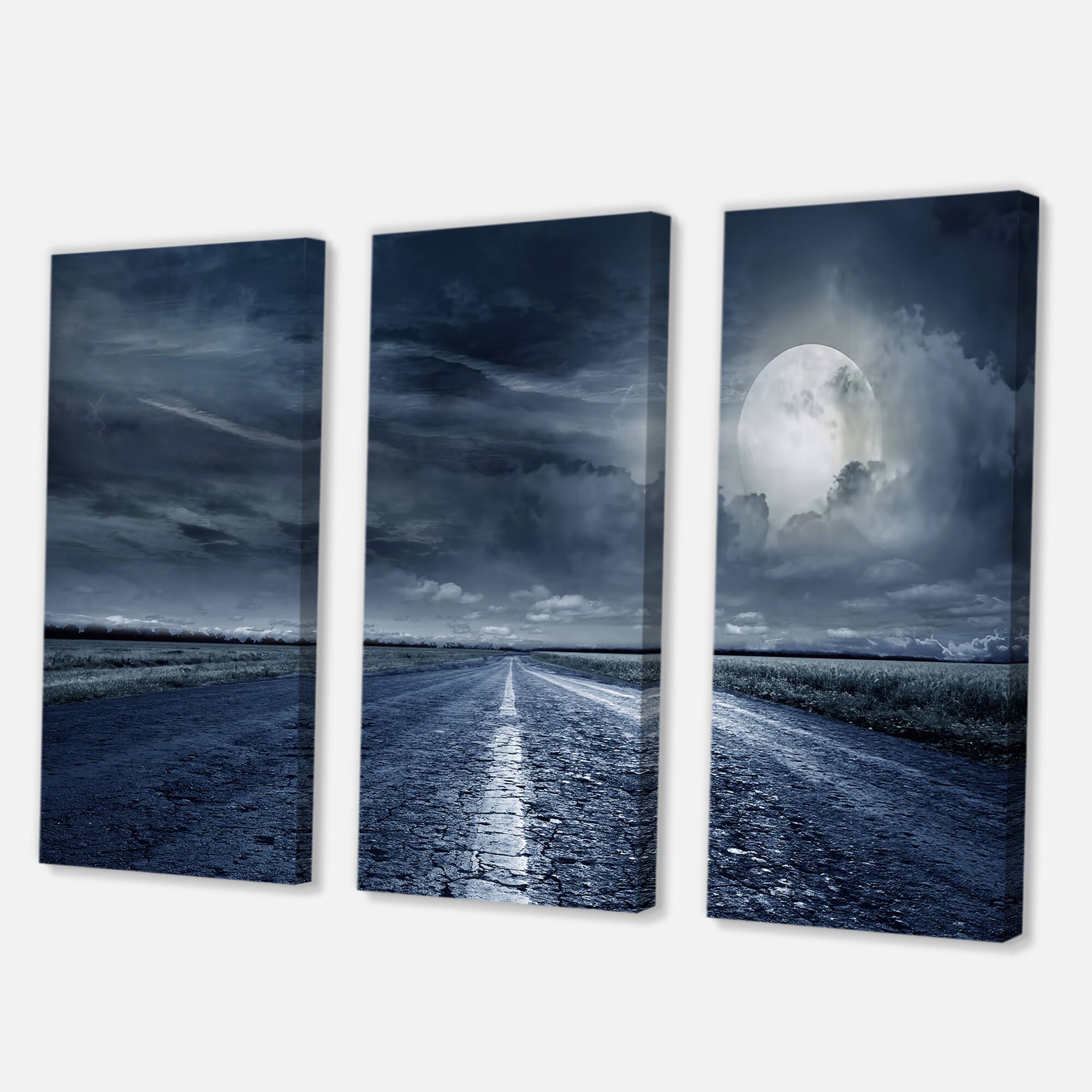 Designart - Asphalt Road Under Cloudy Full Moon II